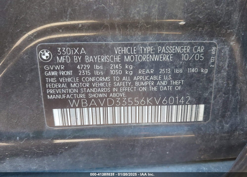 2006 BMW 330XI VIN: WBAVD33556KV60142
