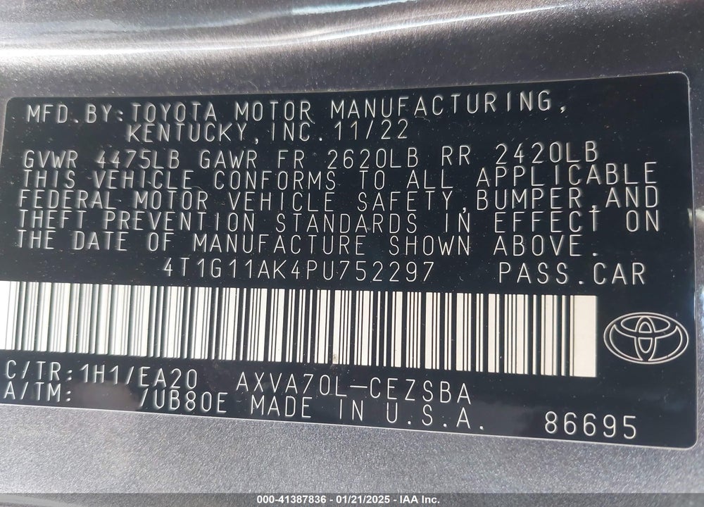2023 TOYOTA CAMRY VIN: 4T1G11AK4PU752297
