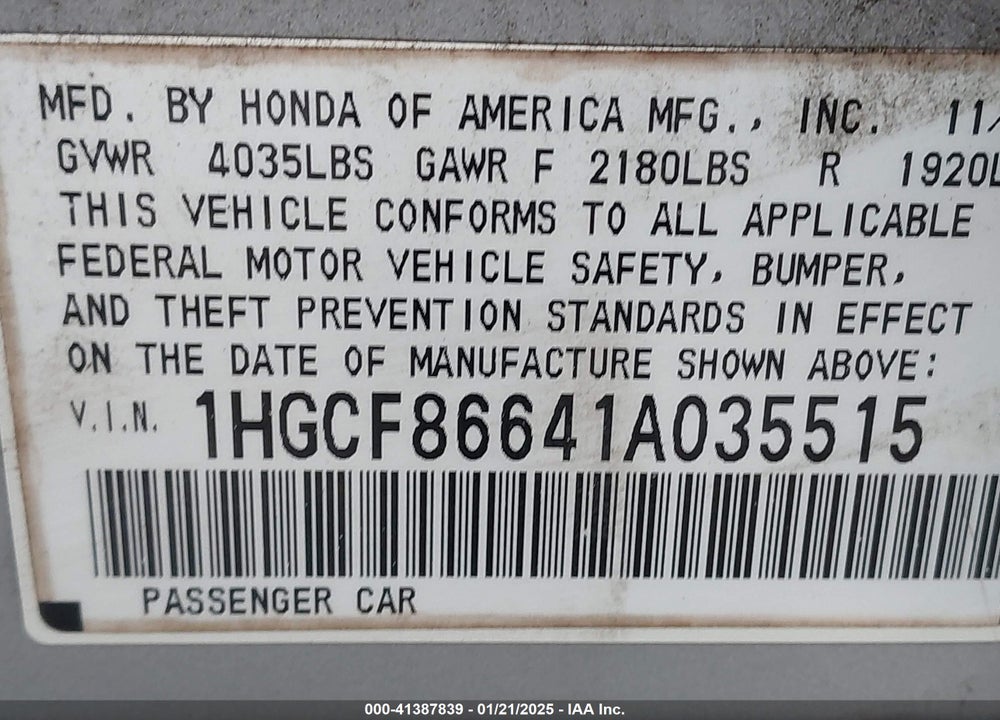 2001 HONDA ACCORD VALUE PACKAGE VIN: 1HGCF86641A035515