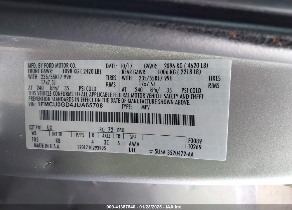 2018 FORD ESCAPE SE VIN: 1FMCU0GD4JUA65708