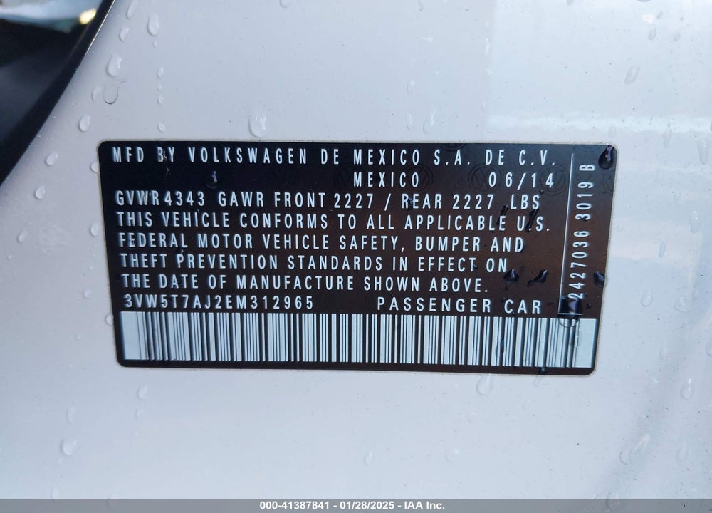 2014 VOLKSWAGEN JETTA VIN: 3VW5T7AJ2EM312965