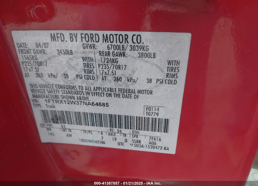 2007 FORD F-150 VIN: 1FTRX12W37NA64685