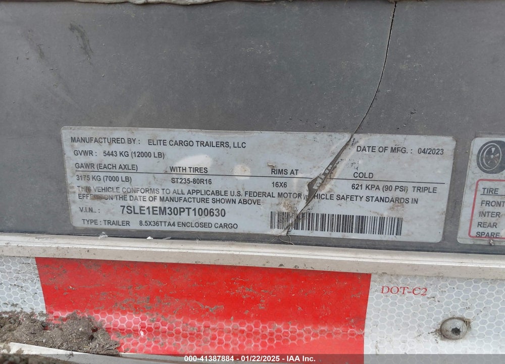 2023 ELITE CARGO TRAILERS VIN: 7SLE1EM30PT100630