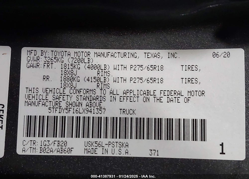 2020 TOYOTA TUNDRA VIN: 5TFDY5F16LX941357