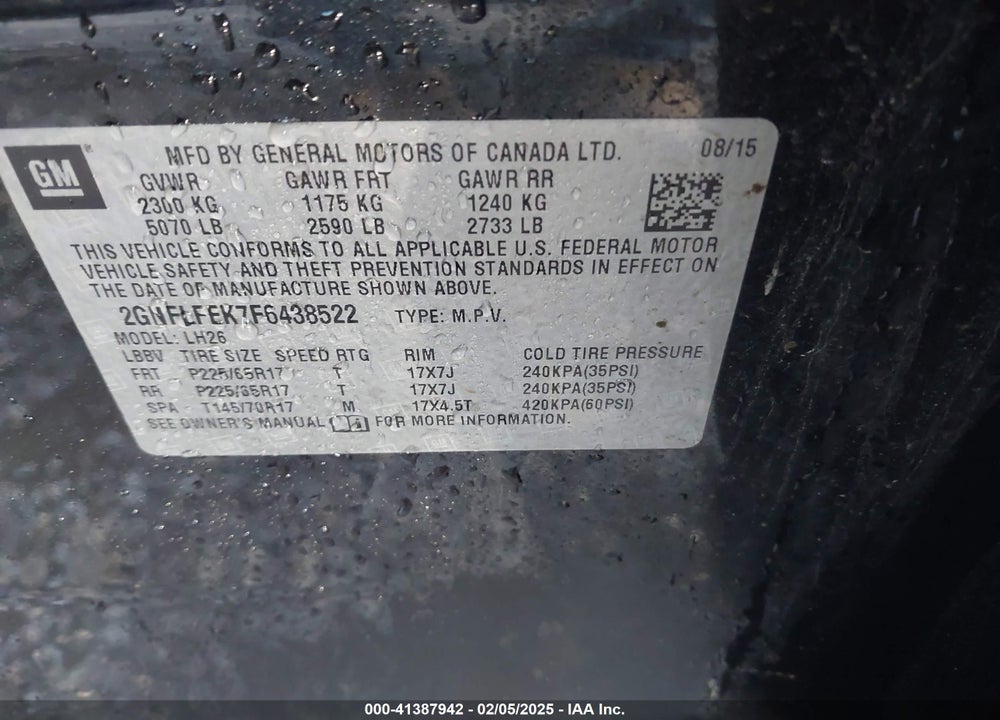 2015 CHEVROLET EQUINOX 1LT VIN: 2GNFLFEK7F6438522