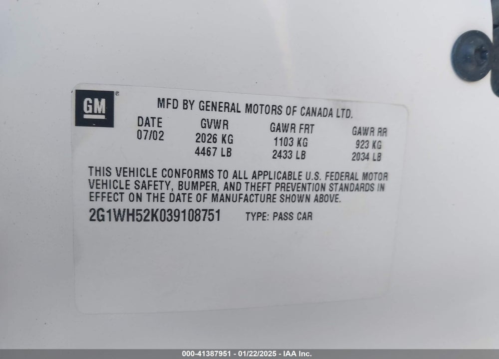 2003 CHEVROLET IMPALA LS VIN: 2G1WH52K039108751