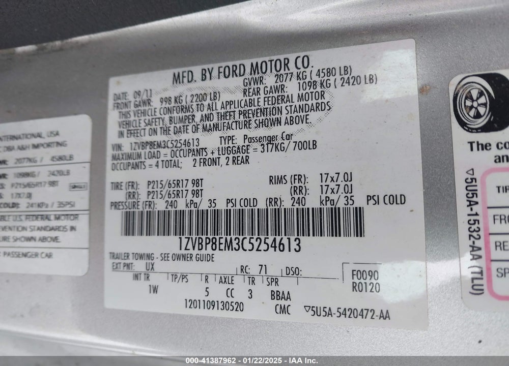 2012 FORD MUSTANG VIN: 1ZVBP8EM3C5254613
