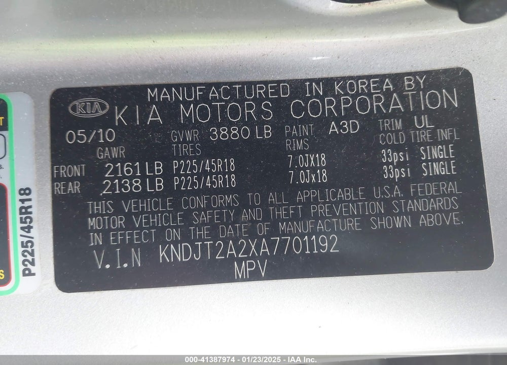 2010 KIA SOUL SPORT VIN: KNDJT2A2XA7701192