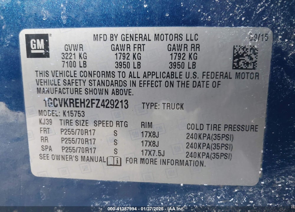 2015 CHEVROLET SILVERADO 1500 VIN: 1GCVKREH2FZ429213