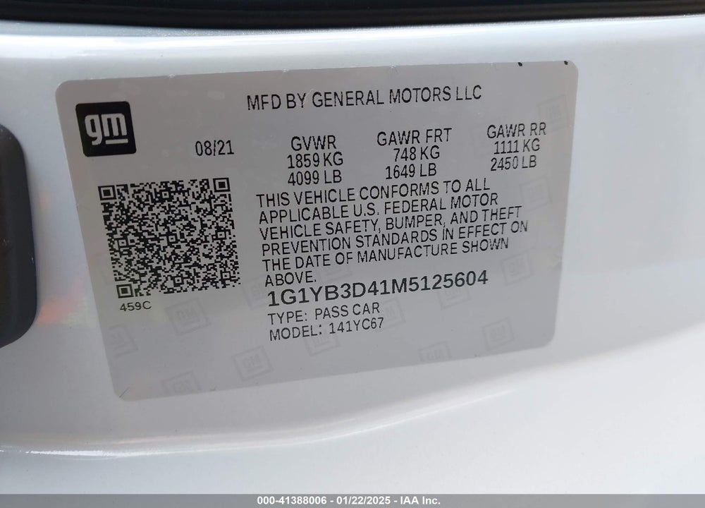 2021 CHEVROLET CORVETTE STINGRAY VIN: 1G1YB3D41M5125604