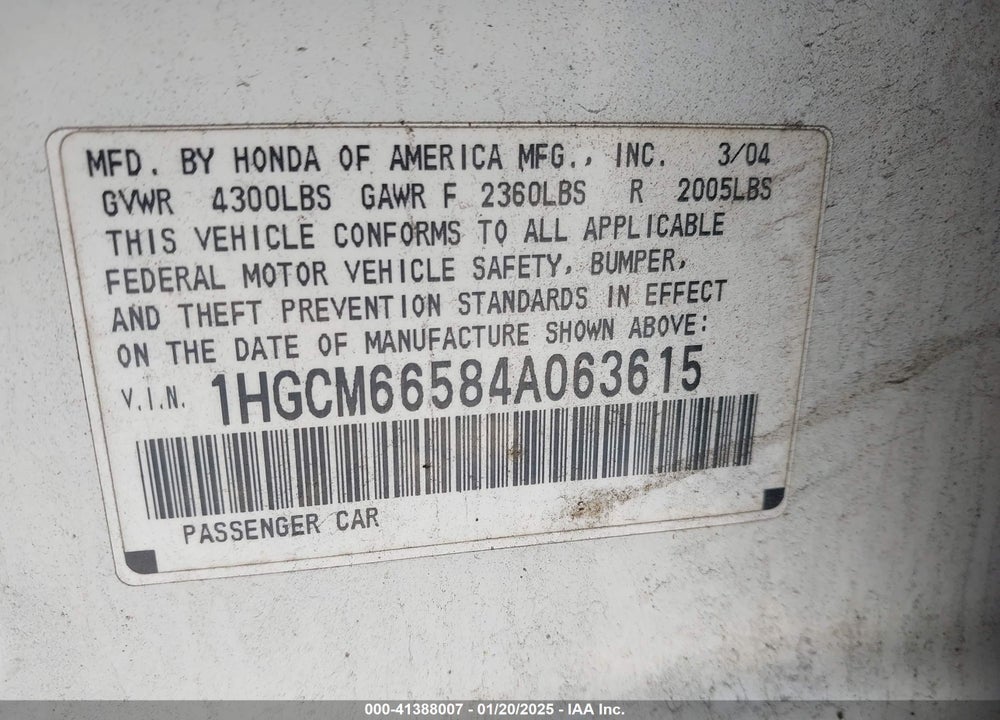 2004 HONDA ACCORD 3.0 EX VIN: 1HGCM66584A063615