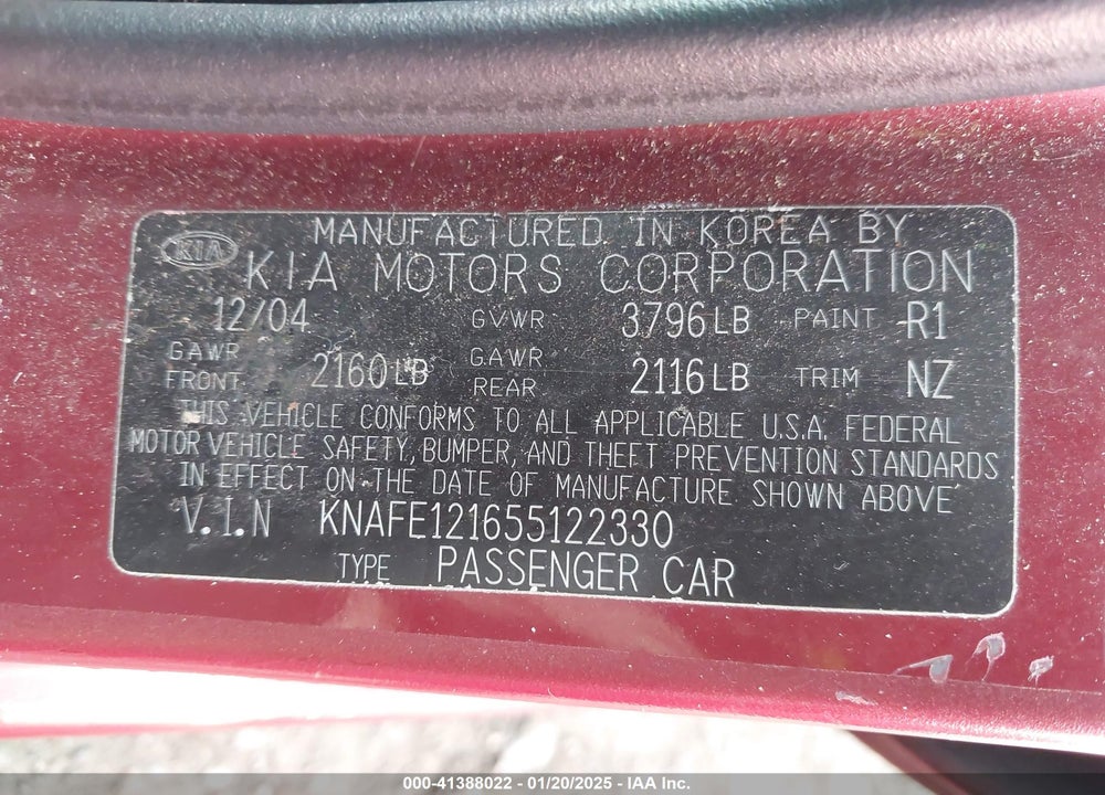 2005 KIA SPECTRA EX/LX/SX VIN: KNAFE121655122330