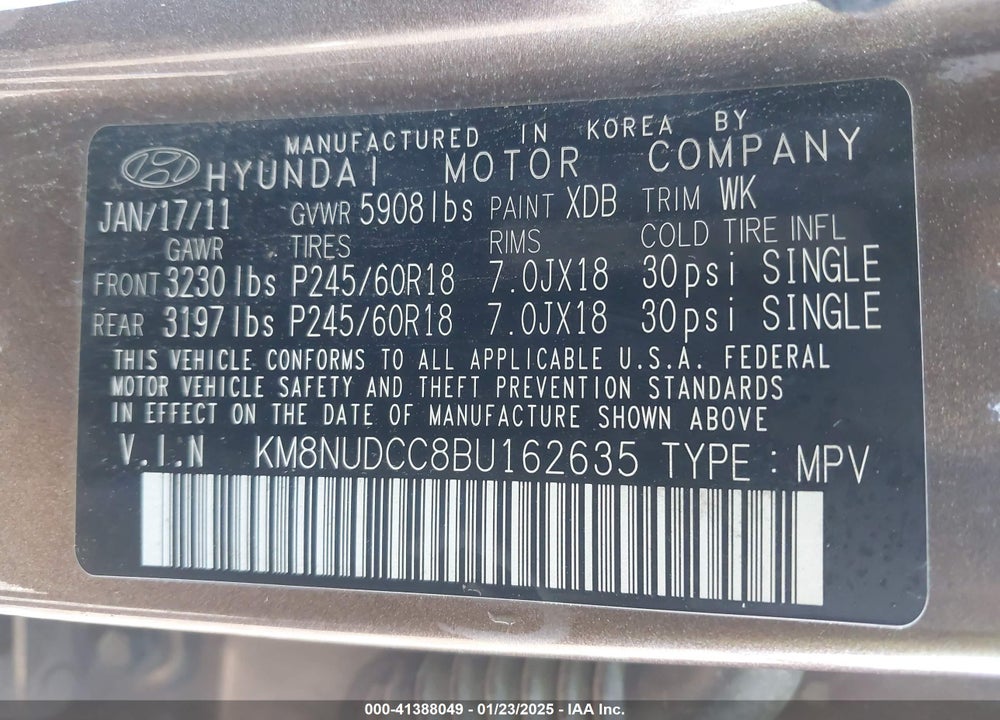 2011 HYUNDAI VERACRUZ VIN: KM8NUDCC8BU162635