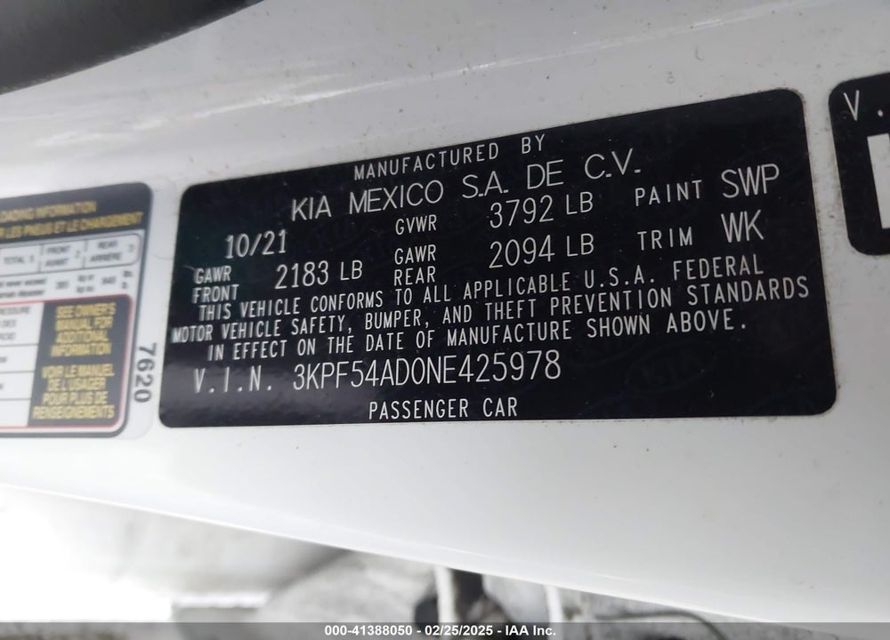 2022 KIA FORTE VIN: 3KPF54AD0NE425978