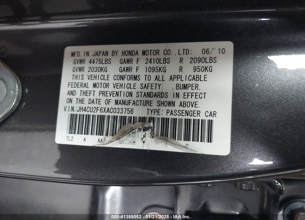 2010 ACURA TSX 2.4 VIN: JH4CU2F6XAC033756