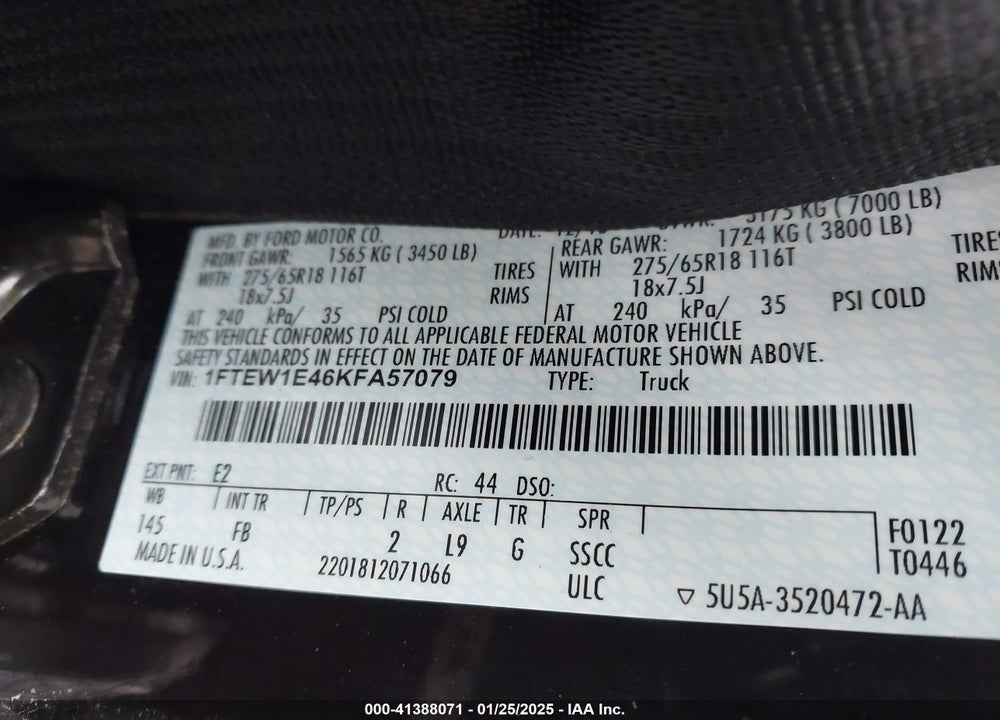 2019 FORD F-150 VIN: 1FTEW1E46KFA57079