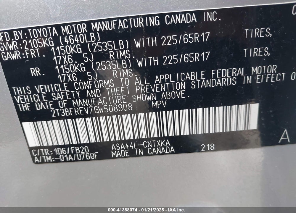 2016 TOYOTA RAV4 LE VIN: 2T3BFREV7GW508908