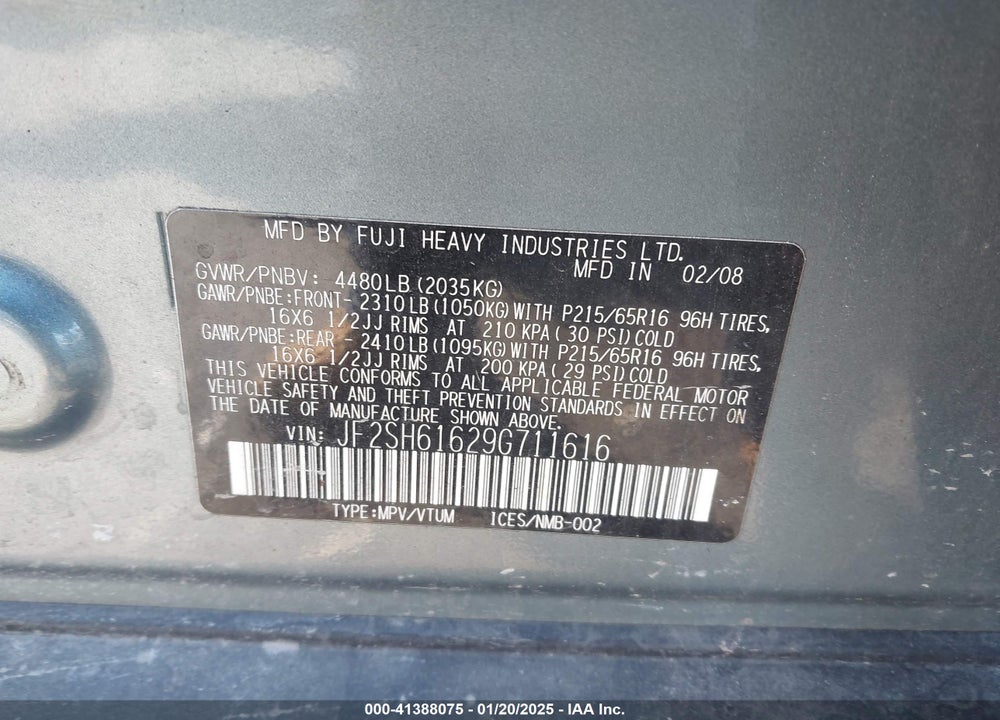 2009 SUBARU FORESTER 2.5X VIN: JF2SH61629G711616