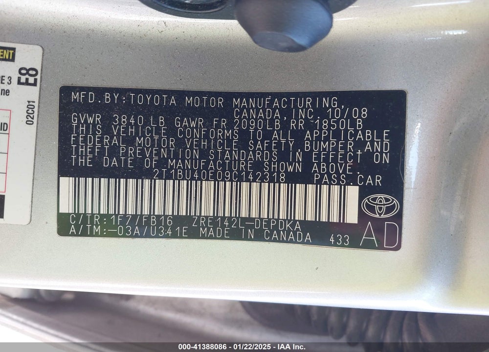 2009 TOYOTA COROLLA LE VIN: 2T1BU40E09C142318