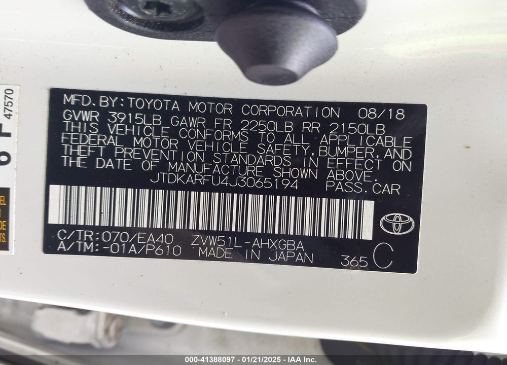 2018 TOYOTA PRIUS VIN: JTDKARFU4J3065194