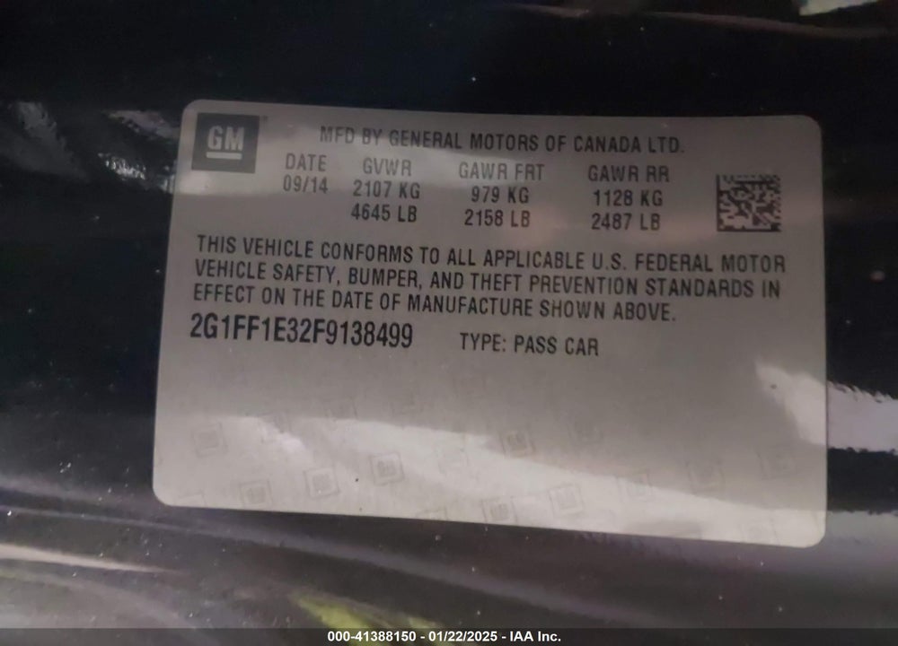 2015 CHEVROLET CAMARO 2LT VIN: 2G1FF1E32F9138499