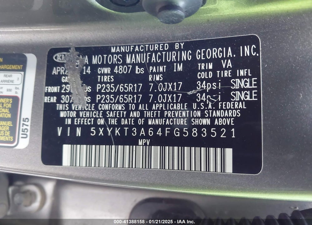 2015 KIA SORENTO LX VIN: 5XYKT3A64FG583521