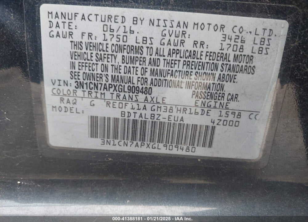 2016 NISSAN VERSA 1.6 SV VIN: 3N1CN7APXGL909480