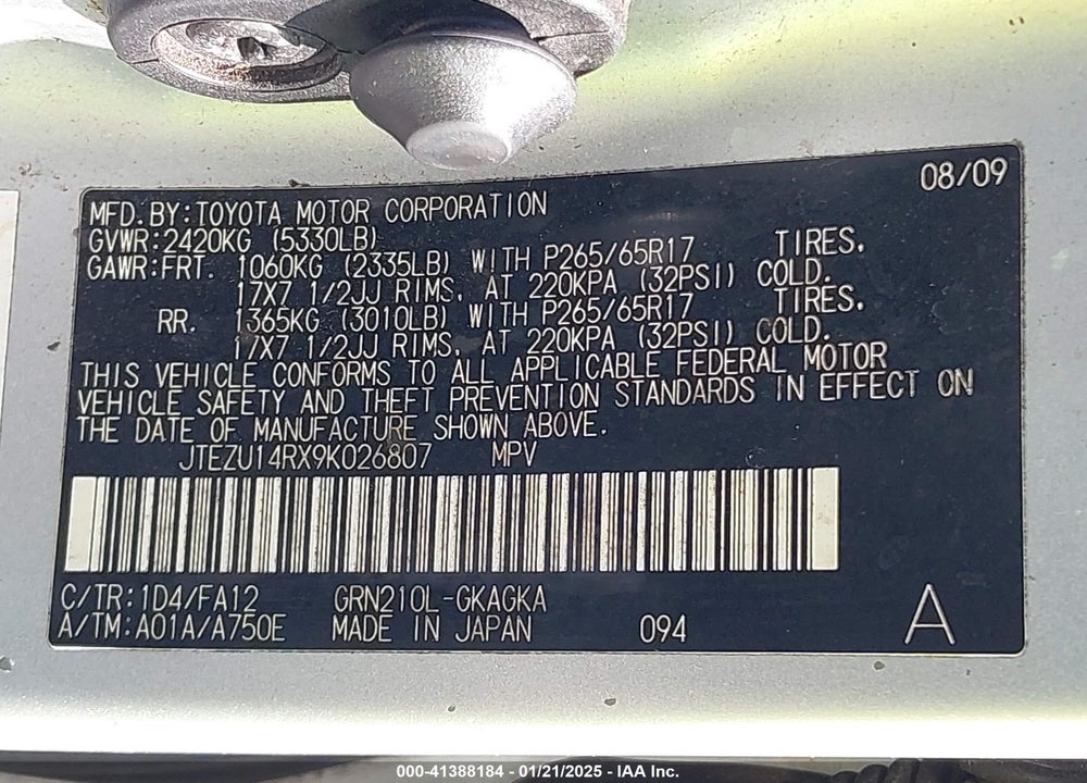 2009 TOYOTA 4RUNNER SR5 V6 VIN: JTEZU14RX9K026807