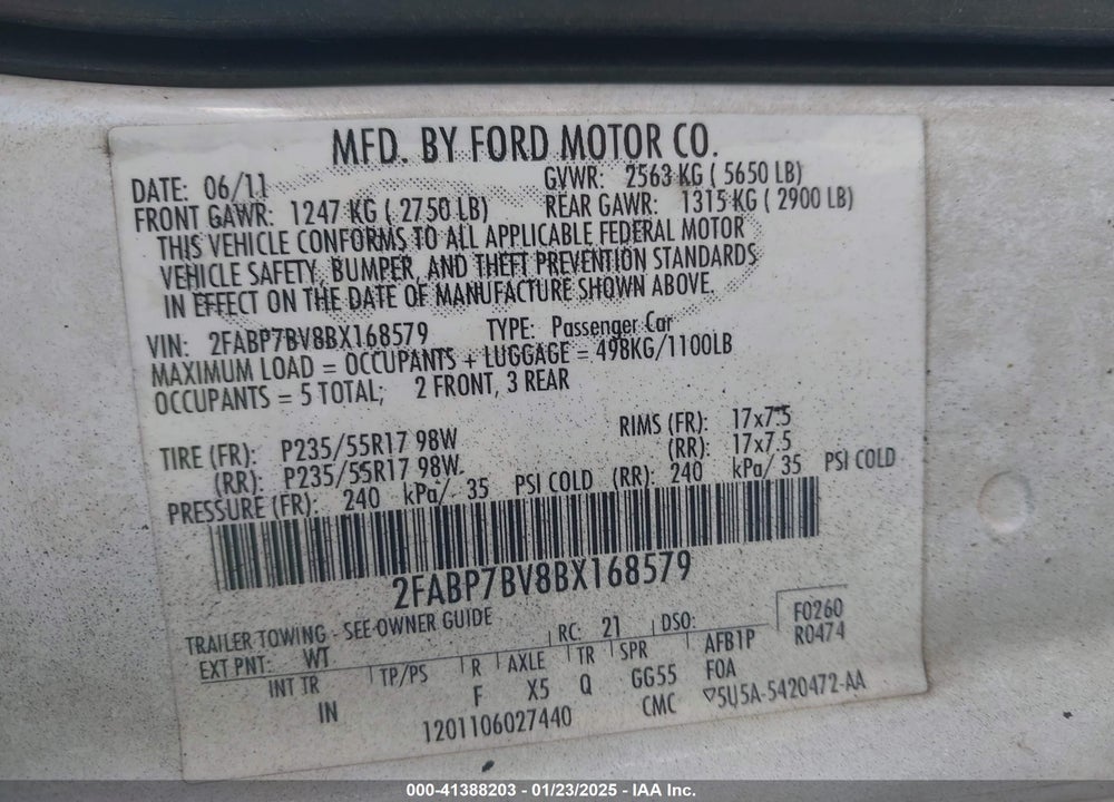 2011 FORD CROWN VICTORIA VIN: 2FABP7BV8BX168579
