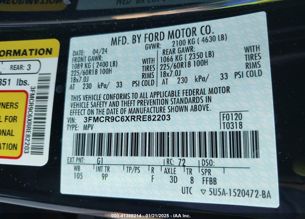 2024 FORD BRONCO SPORT OUTER BANKS VIN: 3FMCR9C6XRRE82203