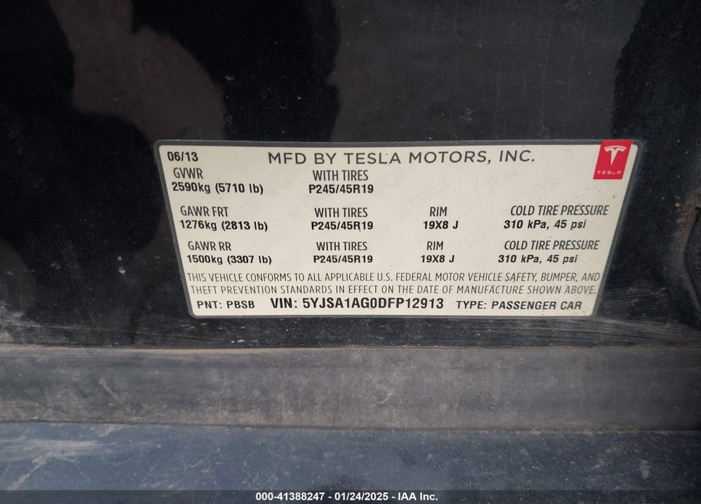 2013 TESLA MODEL S VIN: 5YJSA1AG0DFP12913