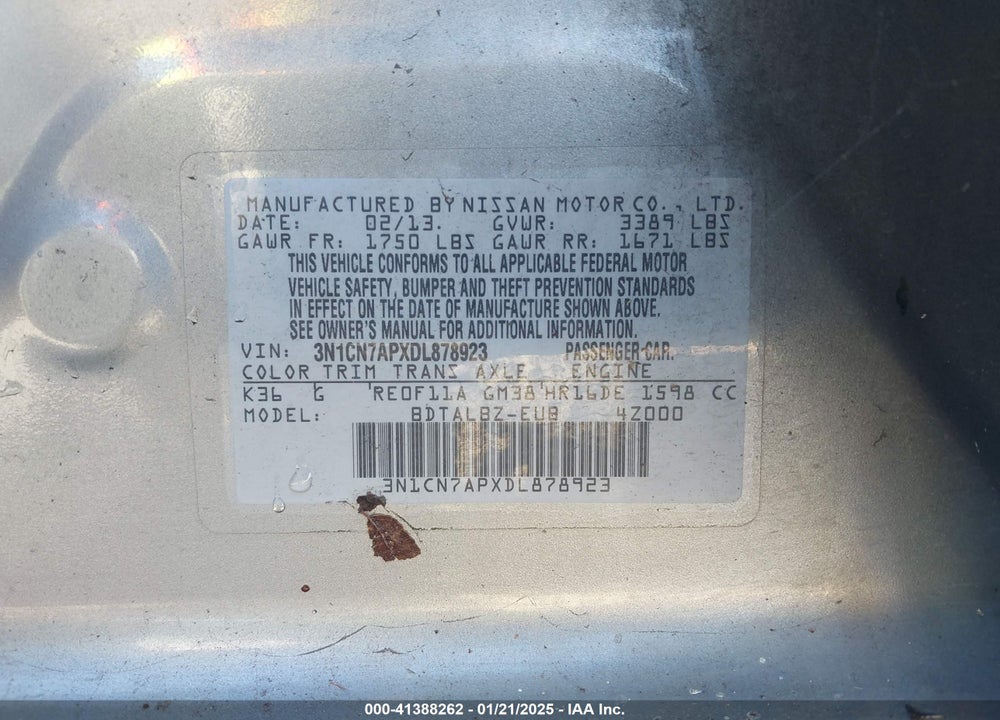 2013 NISSAN VERSA VIN: 3N1CN7APXDL878923