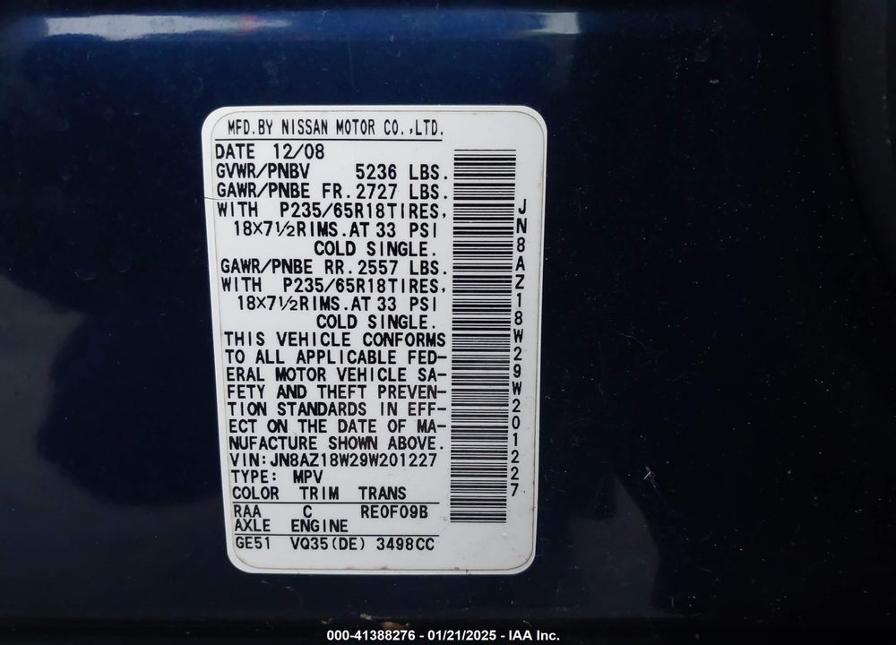 2009 NISSAN MURANO S VIN: JN8AZ18W29W201227