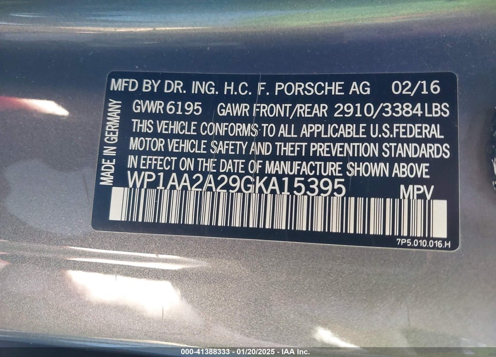 2016 PORSCHE CAYENNE VIN: WP1AA2A29GKA15395
