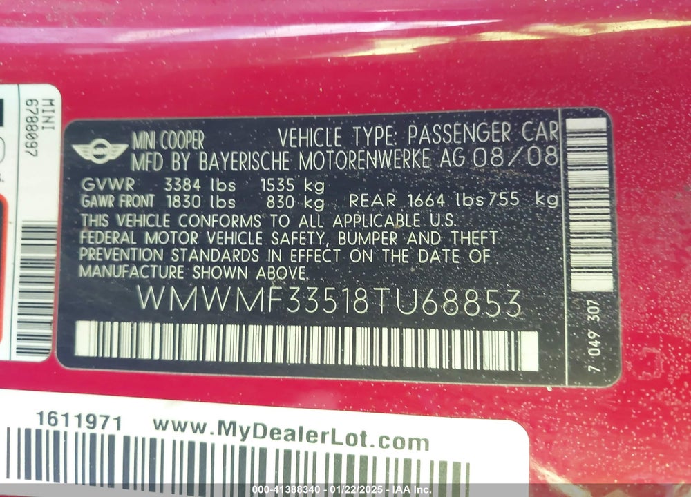 2008 MINI COOPER VIN: WMWMF33518TU68853