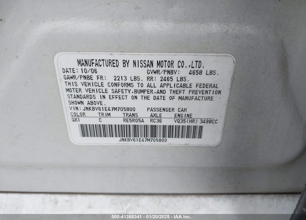 2007 INFINITI G35 VIN: JNKBV61E47M705800