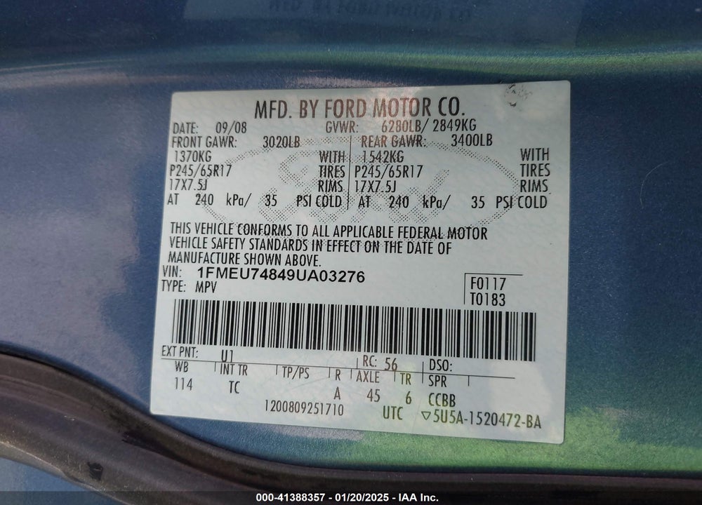 2009 FORD EXPLORER EDDIE BAUER VIN: 1FMEU74849UA03276