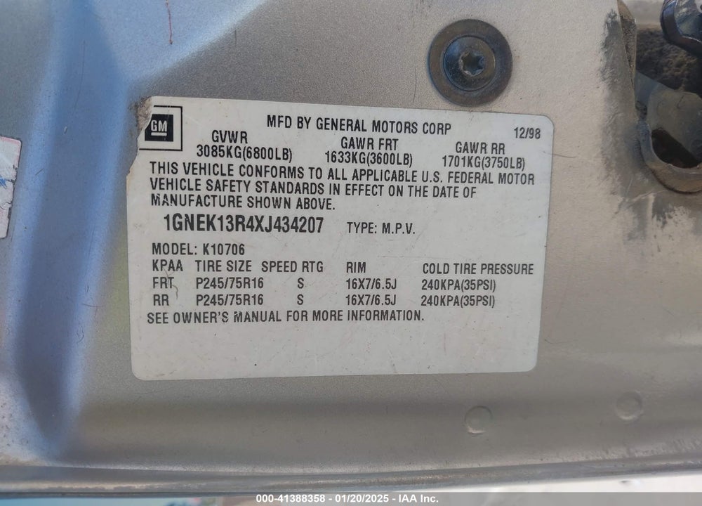1999 CHEVROLET TAHOE LS VIN: 1GNEK13R4XJ434207