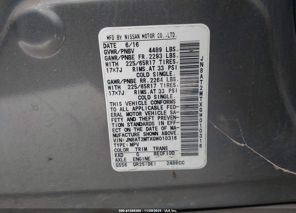 2016 NISSAN ROGUE S VIN: JN8AT2MTXGW010316