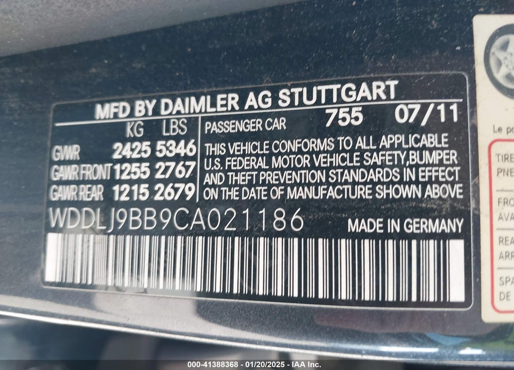 2012 MERCEDES-BENZ CLS 550 VIN: WDDLJ9BB9CA021186