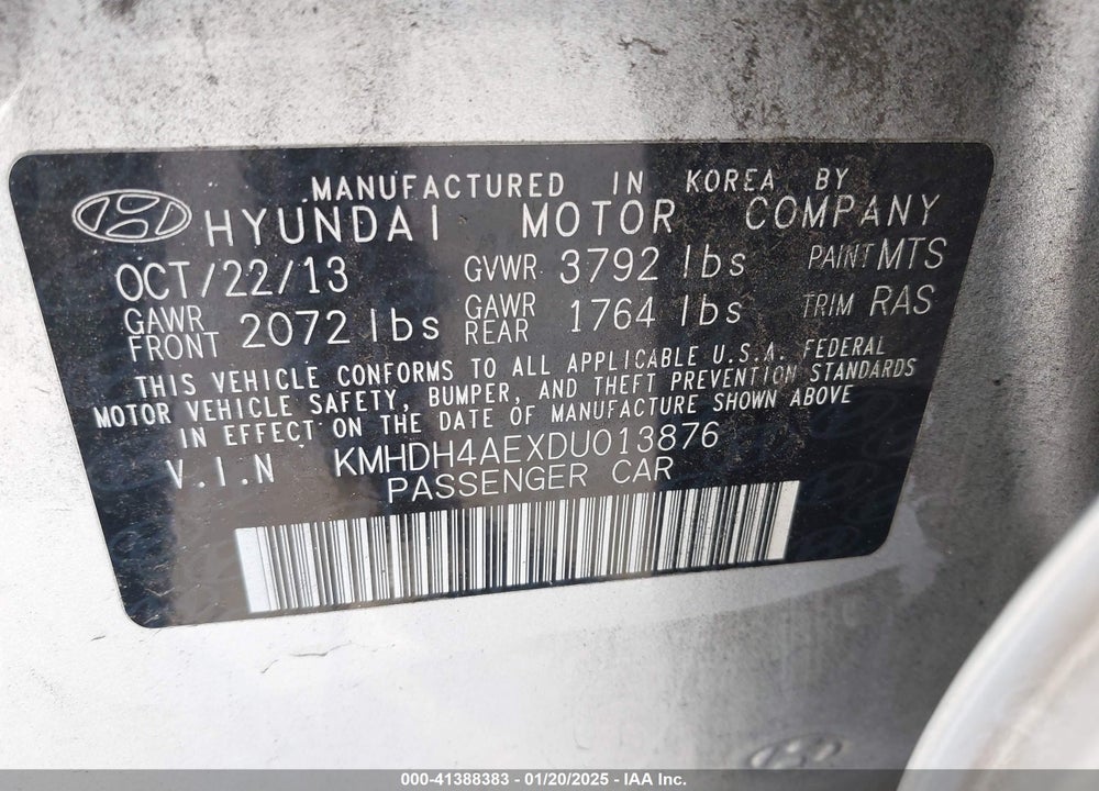 2013 HYUNDAI ELANTRA VIN: KMHDH4AEXDU013876