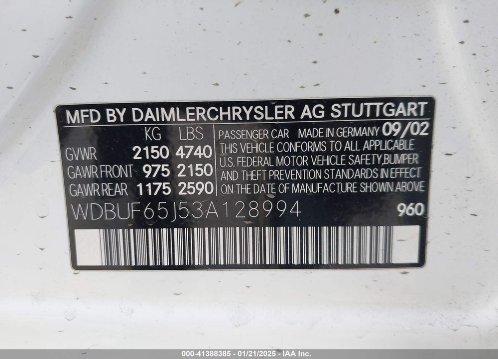 2003 MERCEDES-BENZ E 320 VIN: WDBUF65J53A128994
