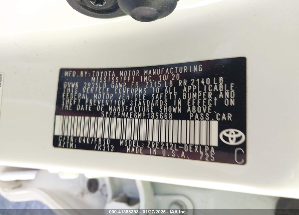 2021 TOYOTA COROLLA VIN: 5YFEPMAE6MP185668