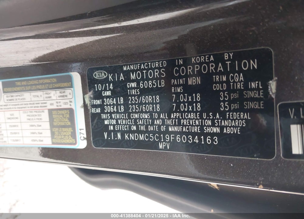 2015 KIA SEDONA EX VIN: KNDMC5C19F6034163