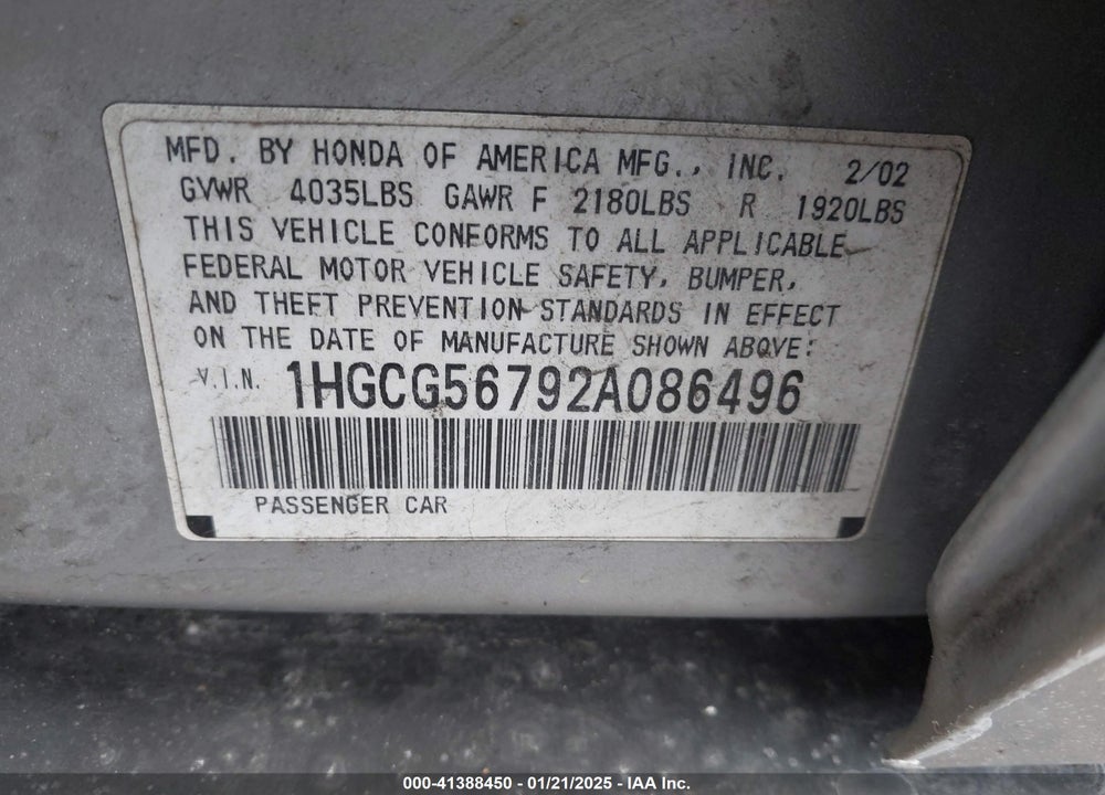 2002 HONDA ACCORD 2.3 SE VIN: 1HGCG56792A086496