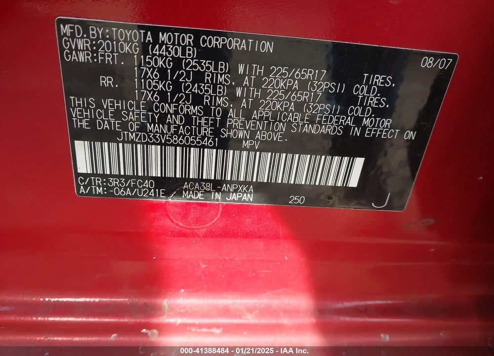 2008 TOYOTA RAV4 VIN: JTMZD33V586055461