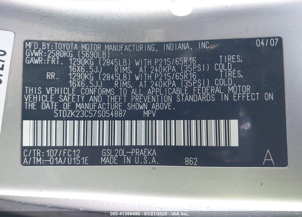 2007 TOYOTA SIENNA LE VIN: 5TDZK23C57S054887