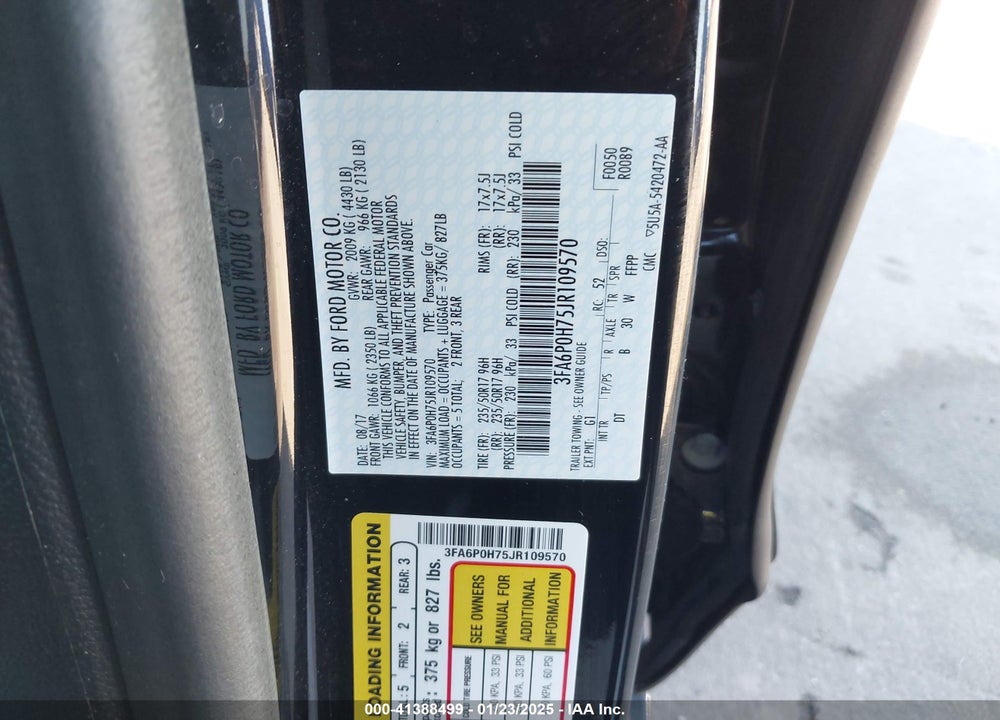2018 FORD FUSION VIN: 3FA6P0H75JR109570