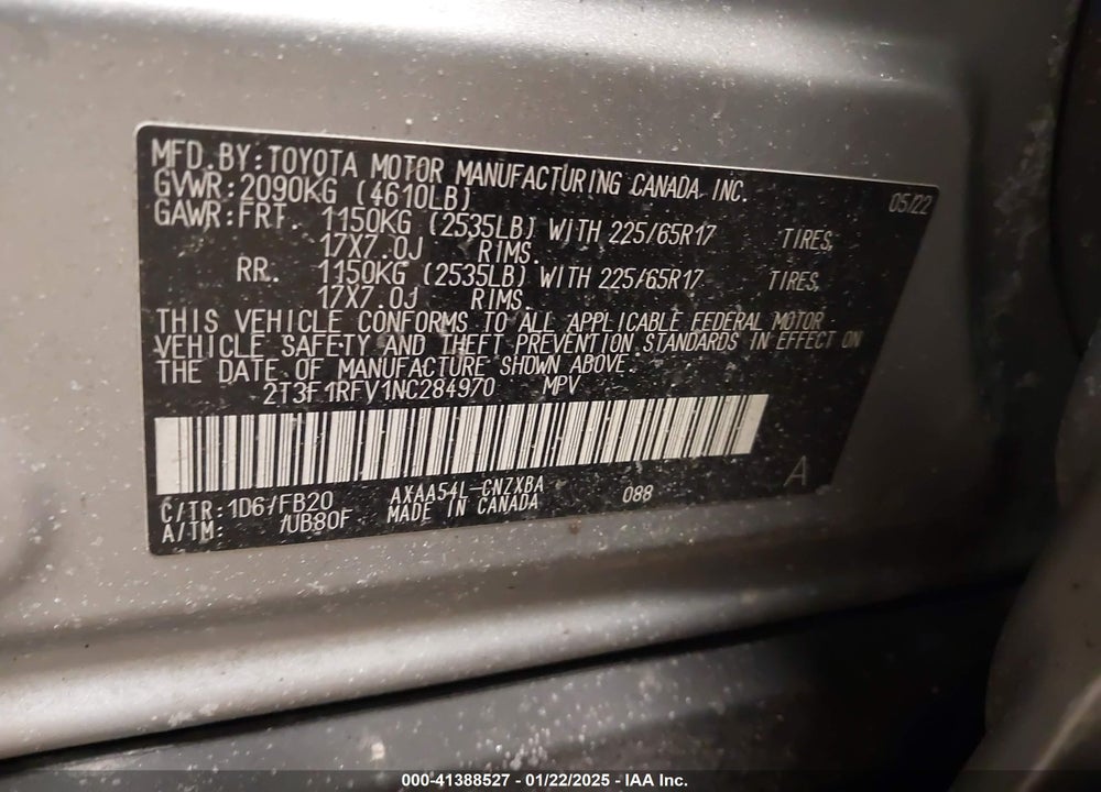 2022 TOYOTA RAV4 LE VIN: 2T3F1RFV1NC284970