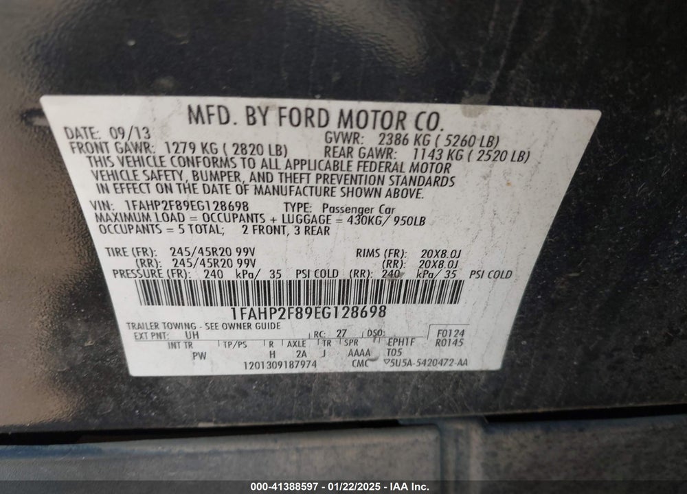 2014 FORD TAURUS VIN: 1FAHP2F89EG128698